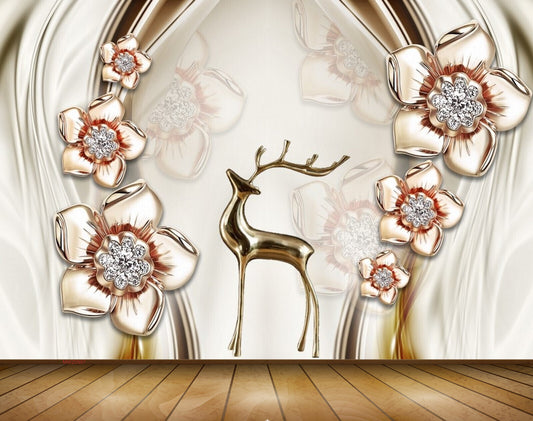 Avikalp MWZ0997 Deer Golden Flowers 3D HD Wallpaper