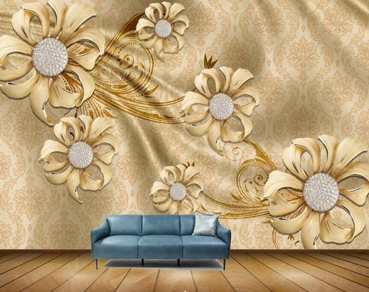 Avikalp MWZ1000 Golden Flowers Leaves HD Wallpaper