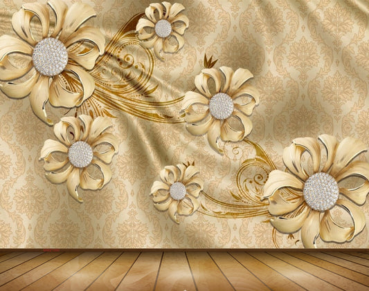 Avikalp MWZ1000 Golden Flowers Leaves 3D HD Wallpaper