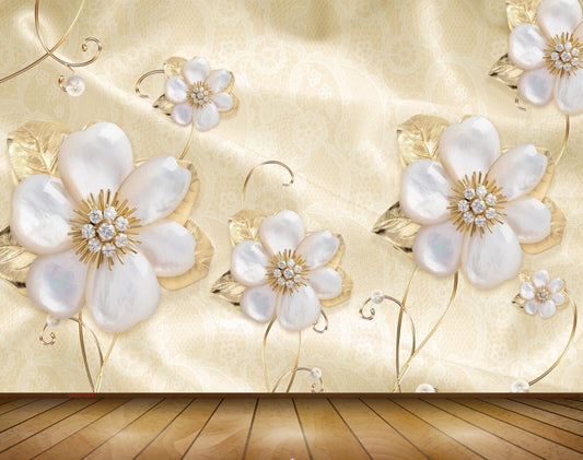 Avikalp MWZ1001 White Golden Flowers 3D HD Wallpaper