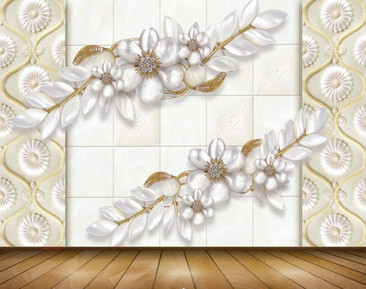 Avikalp MWZ1002 White Golden Flowers 3D HD Wallpaper