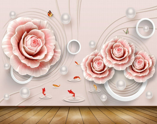 Avikalp MWZ1004 Peach White Flowers Fishes Butterflies 3D HD Wallpaper