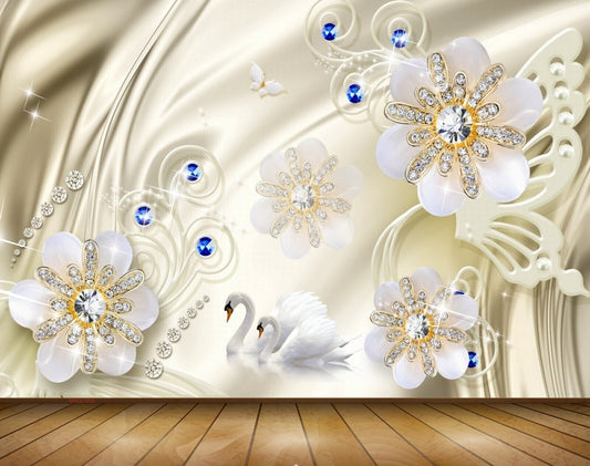 Avikalp MWZ1005 White Flowers Swans 3D HD Wallpaper
