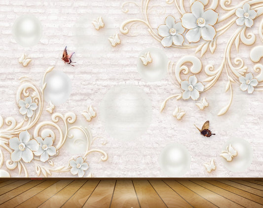 Avikalp MWZ1006 White Golden Flowers Butterflies 3D HD Wallpaper