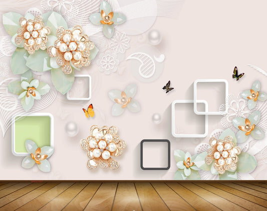 Avikalp MWZ1007 White Peach Flowers Butterflies 3D HD Wallpaper