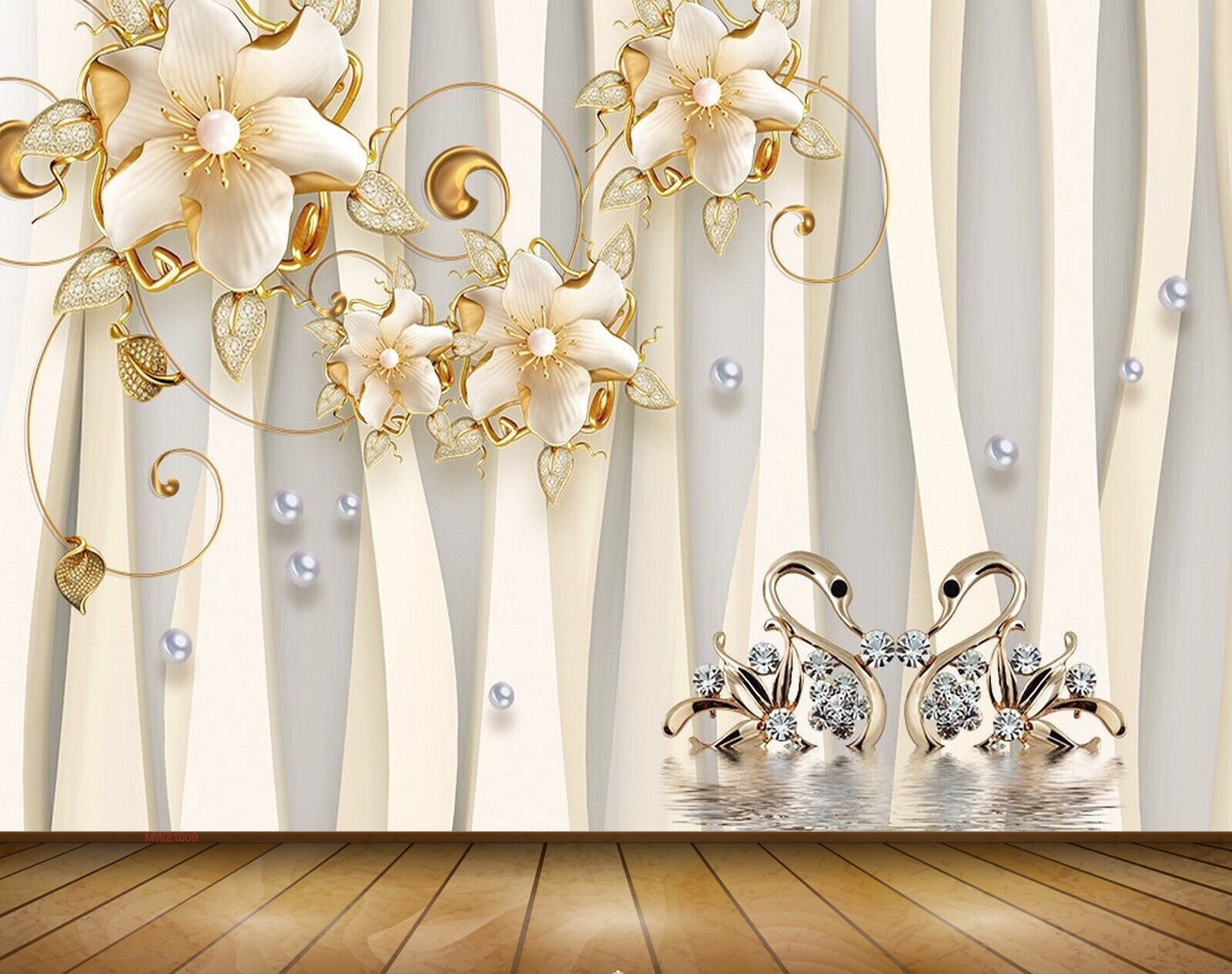 Avikalp MWZ1009 White Gold Flowers Cranes 3D HD Wallpaper Avikalp MWZ1009 White Gold Flowers Cranes 3D HD Wallpaper