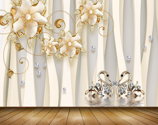 Avikalp MWZ1009 White Gold Flowers Cranes 3D HD Wallpaper