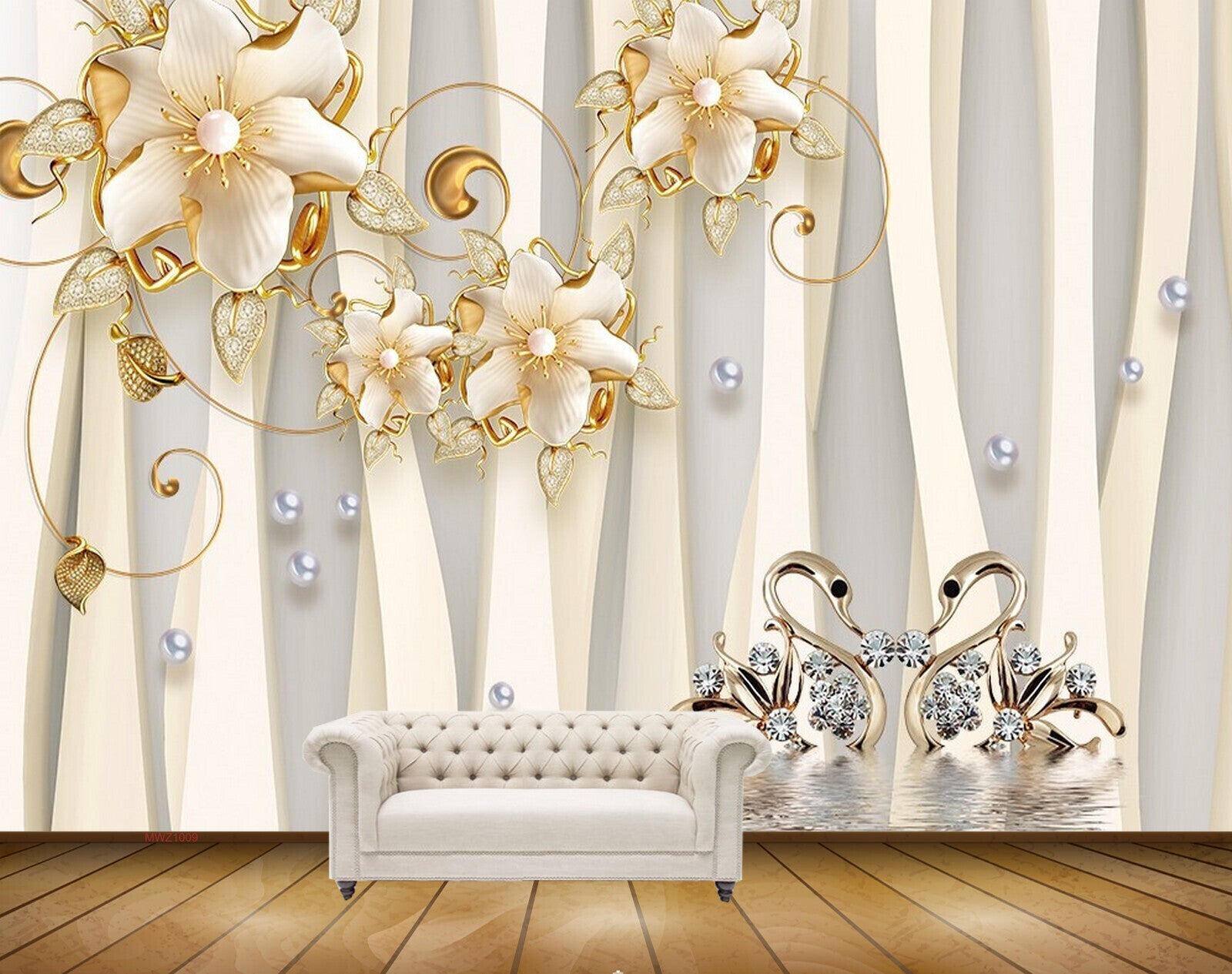 Avikalp MWZ1009 White Gold Flowers Cranes 3D HD Wallpaper Avikalp MWZ1009 White Gold Flowers Cranes 3D HD Wallpaper