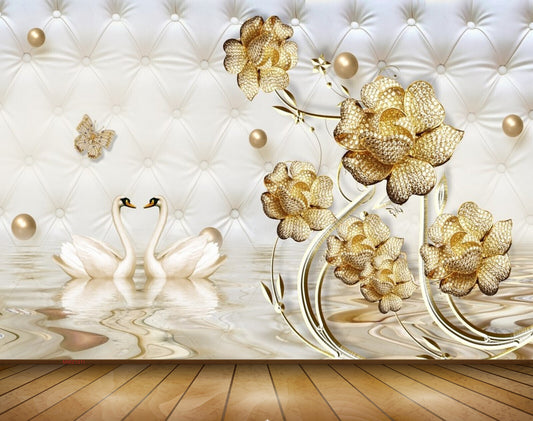 Avikalp MWZ1011 Golden Flowers Butterflies Cranes 3D HD Wallpaper