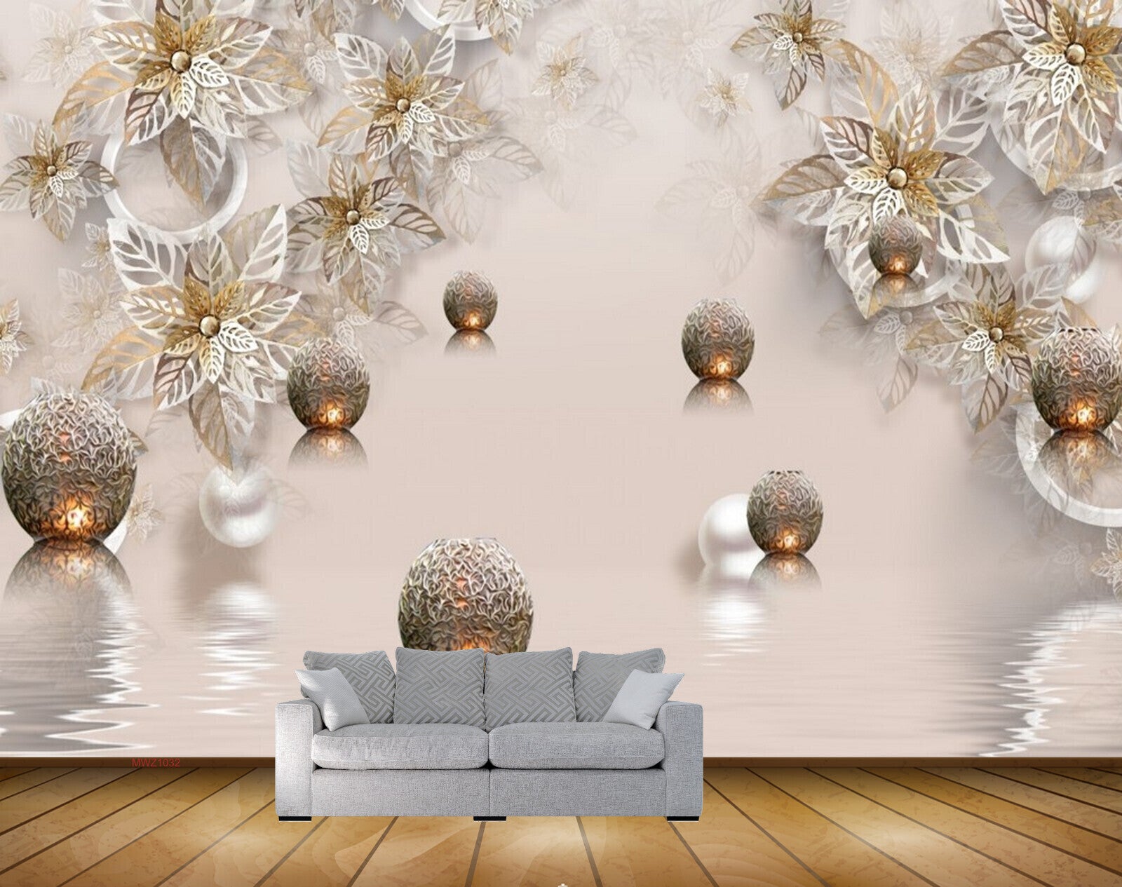 Avikalp MWZ1032 White Golden Flowers Leaves 3D HD Wallpaper Avikalp MWZ1032 White Golden Flowers Leaves 3D HD Wallpaper