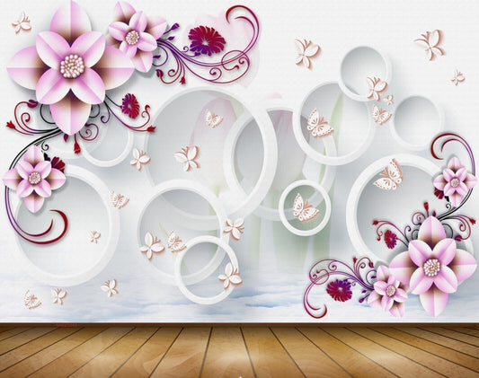 Avikalp MWZ1045 Pink Red Flowers Butterflies 3D HD Wallpaper
