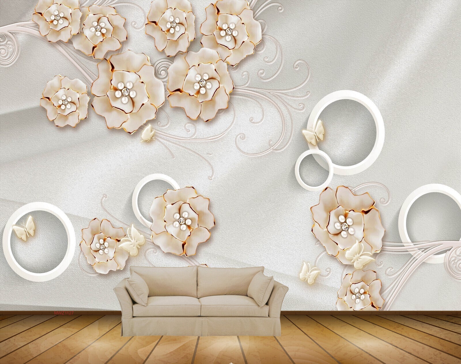 Avikalp MWZ1127 White Golden Flowers Butterflies 3D HD Wallpaper Avikalp MWZ1127 White Golden Flowers Butterflies 3D HD Wallpaper