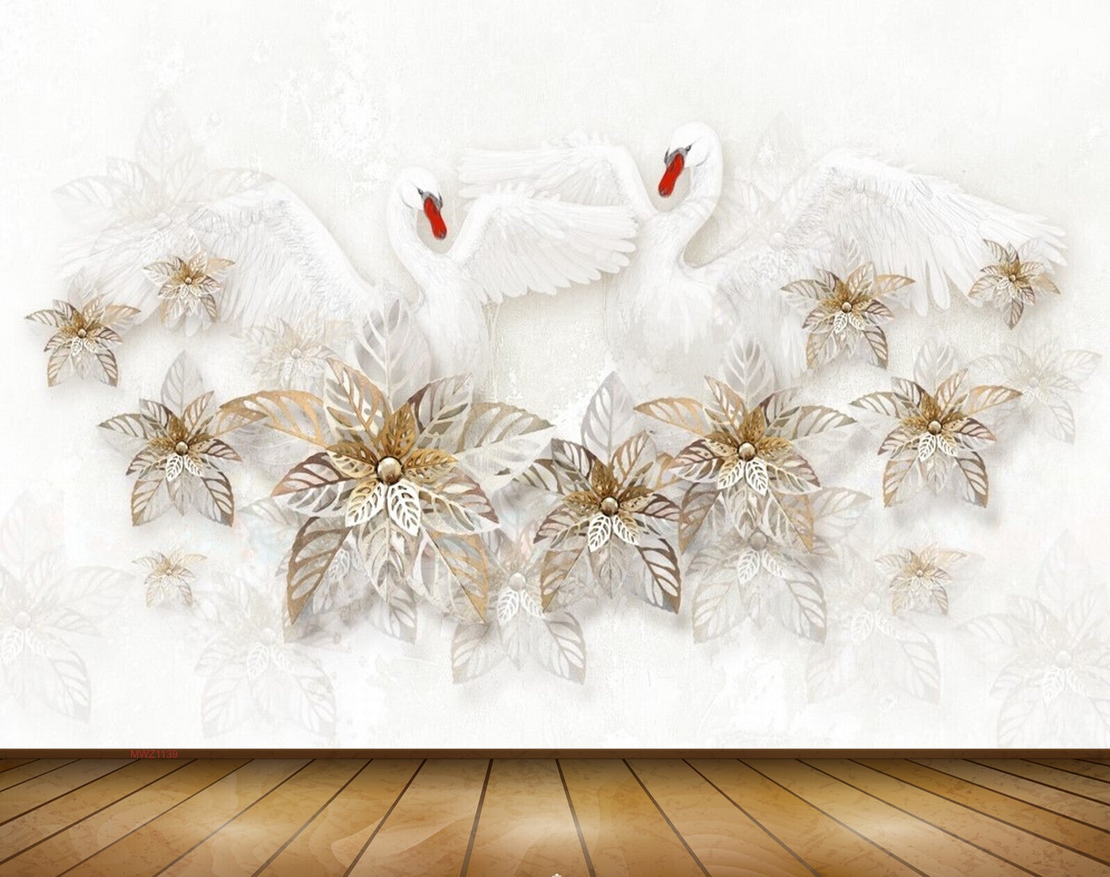 Avikalp MWZ1139 Golden Leaves Swans 3D HD Wallpaper Avikalp MWZ1139 Golden Leaves Swans 3D HD Wallpaper