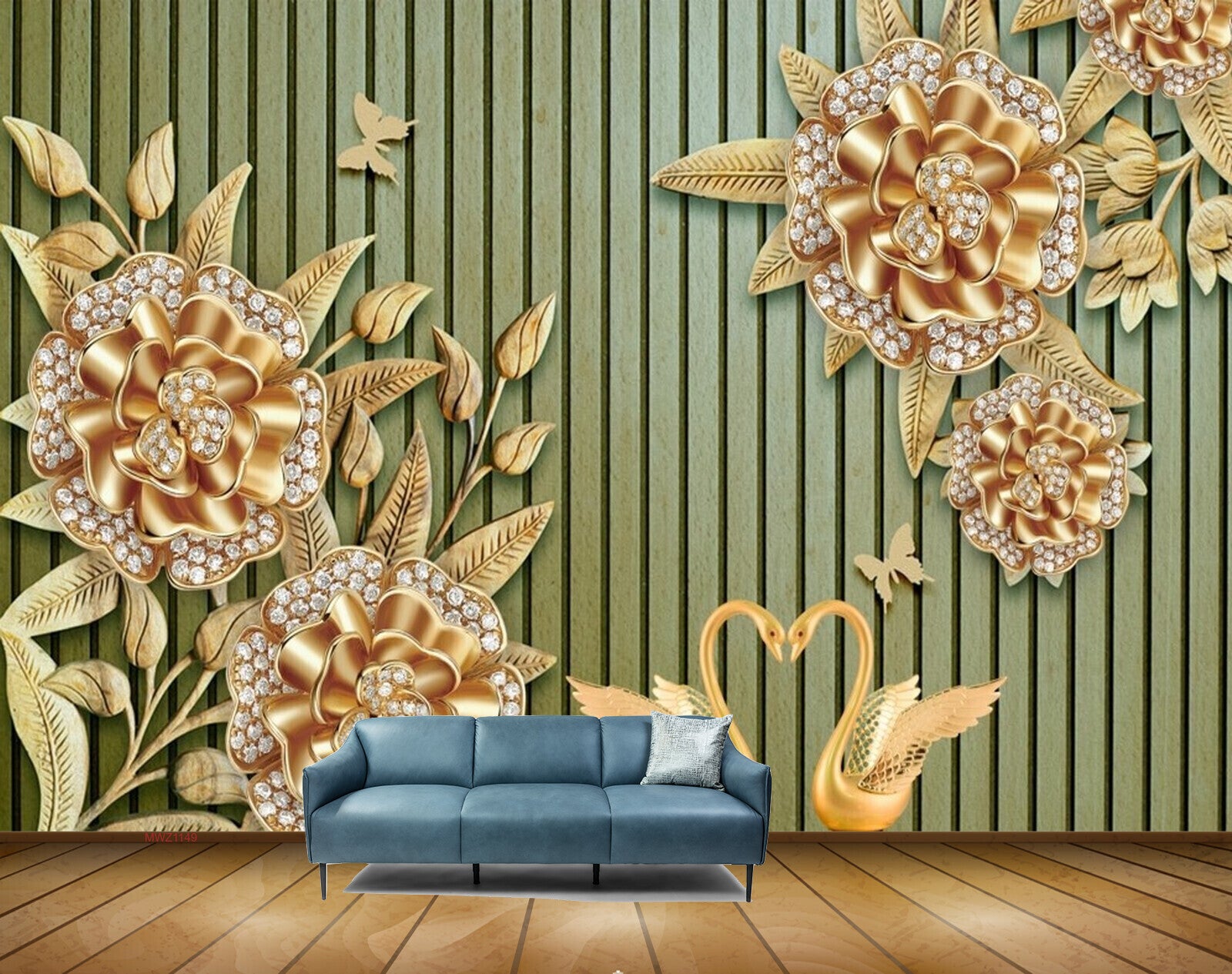 Avikalp MWZ1149 Golden Flowers Leaves Cranes Butterflies 3D HD Wallpaper Avikalp MWZ1149 Golden Flowers Leaves Cranes Butterflies 3D HD Wallpaper