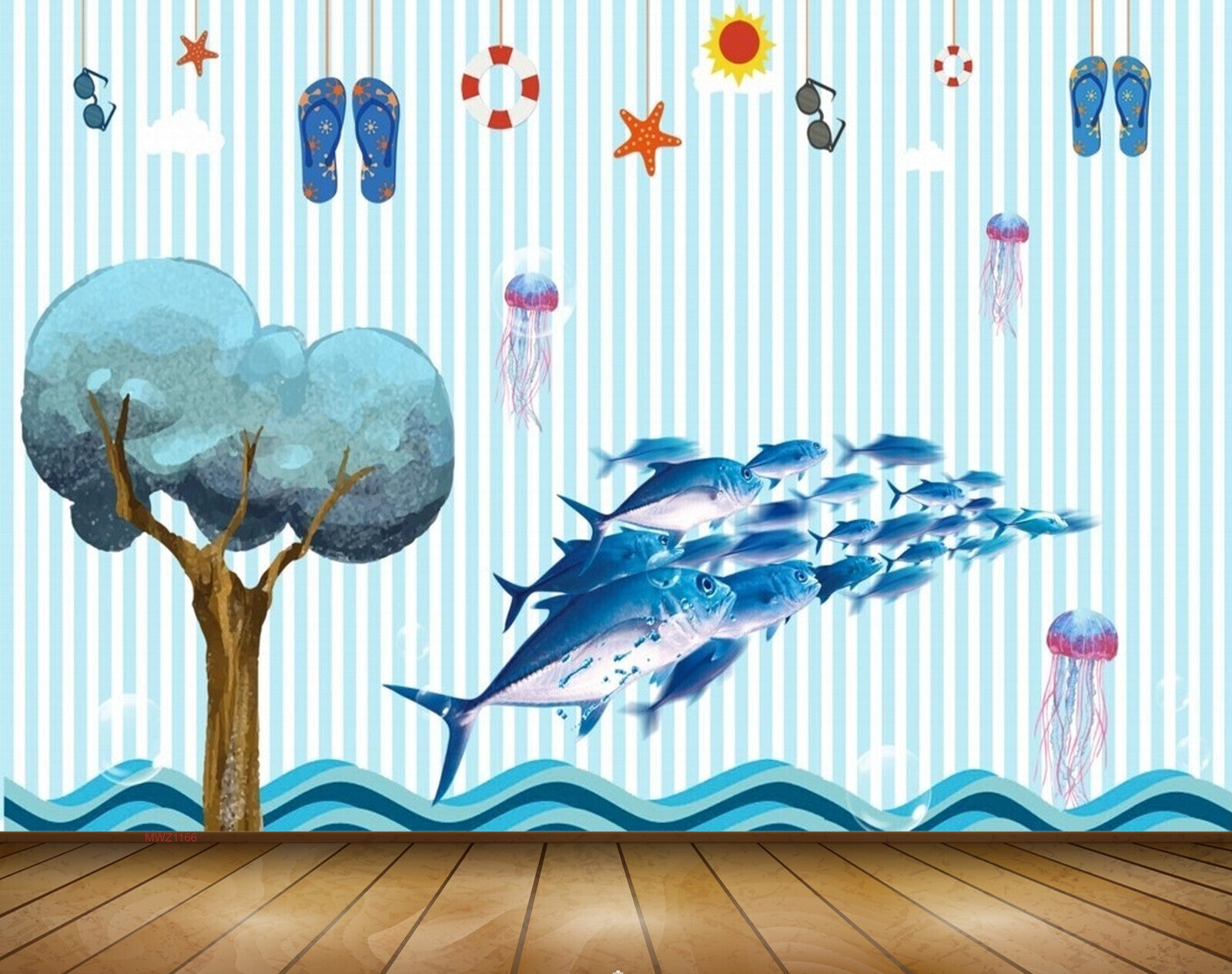 Avikalp MWZ1166 Blue Fishes Chappals Tree sun Stars 3D HD Wallpaper Avikalp MWZ1166 Blue Fishes Chappals Tree sun Stars 3D HD Wallpaper