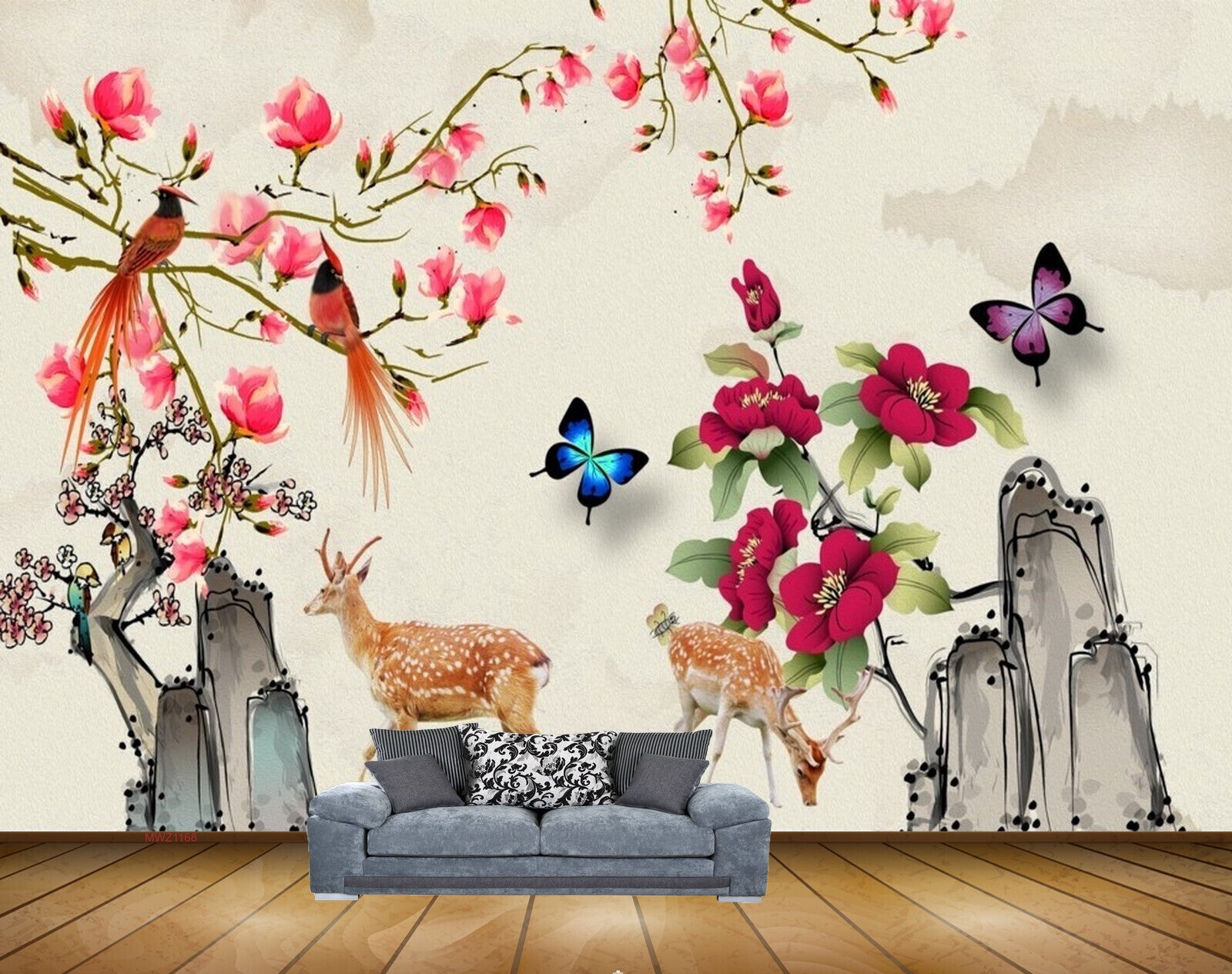 Avikalp MWZ1168  Pink Flowers Deers Butterflies Birds HD Wallpaper Avikalp MWZ1168  Pink Flowers Deers Butterflies Birds HD Wallpaper