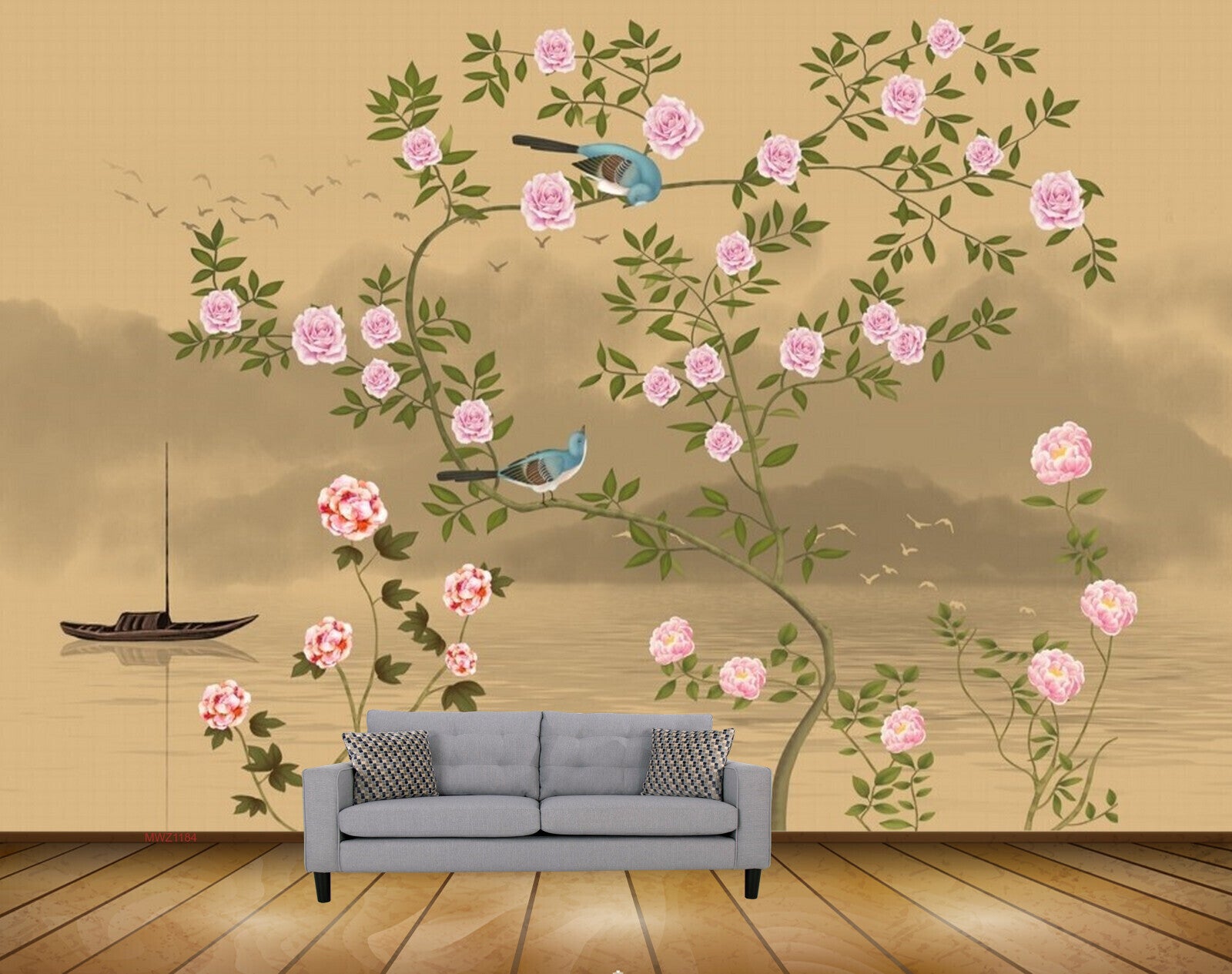 Avikalp MWZ1184 Pink Flowers Boat Tree Birds 3D HD Wallpaper Avikalp MWZ1184 Pink Flowers Boat Tree Birds 3D HD Wallpaper