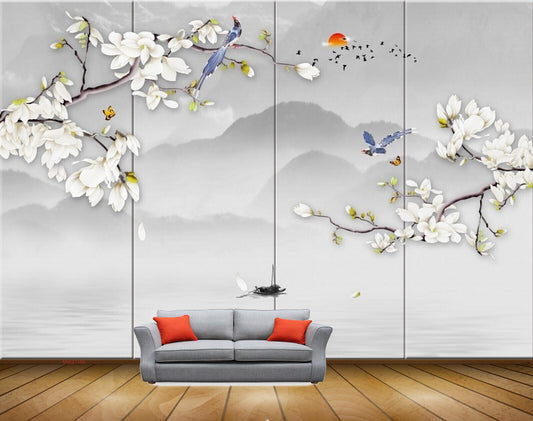 Avikalp MWZ1186 White Flowers Birds Sun Boat Butterflies HD Wallpaper