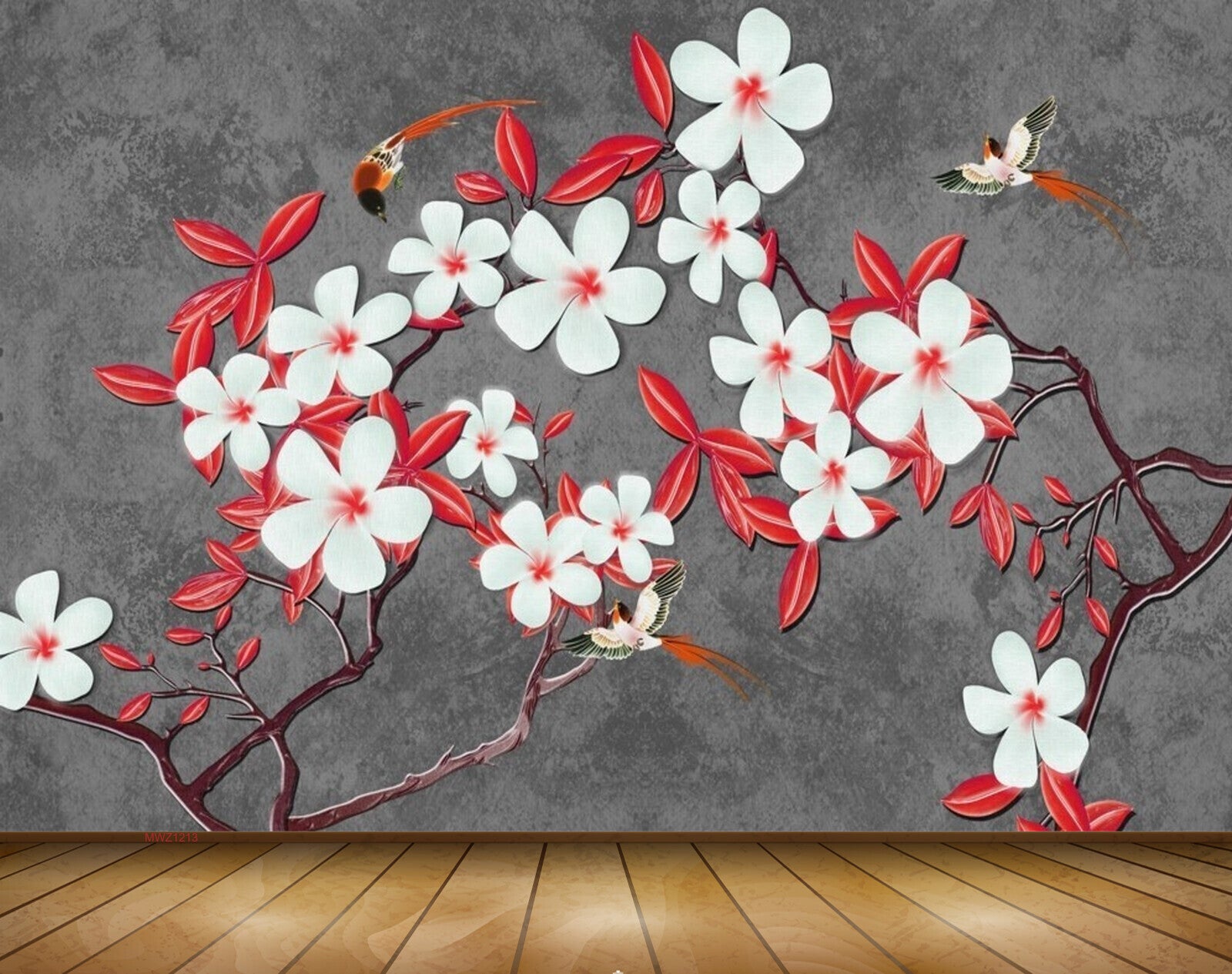 Avikalp MWZ1213 White Flowers Leaves Birds 3D HD Wallpaper Avikalp MWZ1213 White Flowers Leaves Birds 3D HD Wallpaper