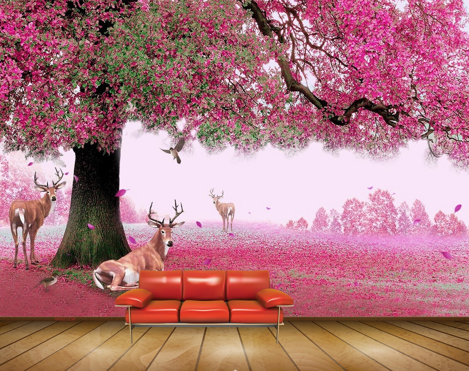 Avikalp MWZ1238 Pink Flowers Tree Deers Birds 3D HD Wallpaper Avikalp MWZ1238 Pink Flowers Tree Deers Birds 3D HD Wallpaper
