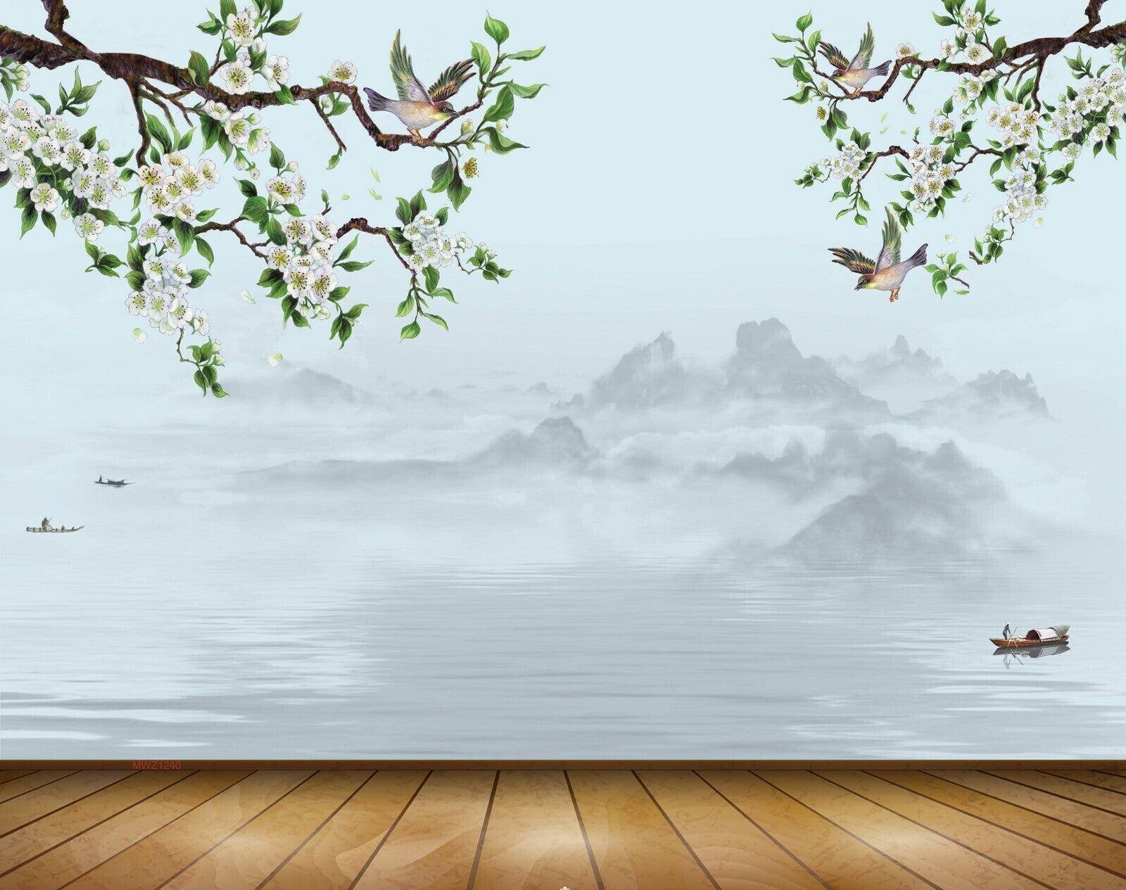 Avikalp MWZ1240 White Flowers Branches Boat River Birds 3D HD Wallpaper Avikalp MWZ1240 White Flowers Branches Boat River Birds 3D HD Wallpaper