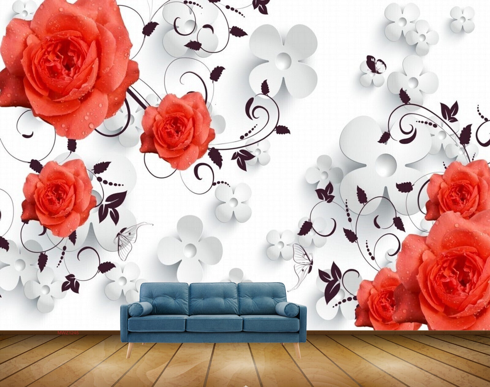 Avikalp MWZ1245 Red White Flowers Butterflies 3D HD Wallpaper Avikalp MWZ1245 Red White Flowers Butterflies 3D HD Wallpaper