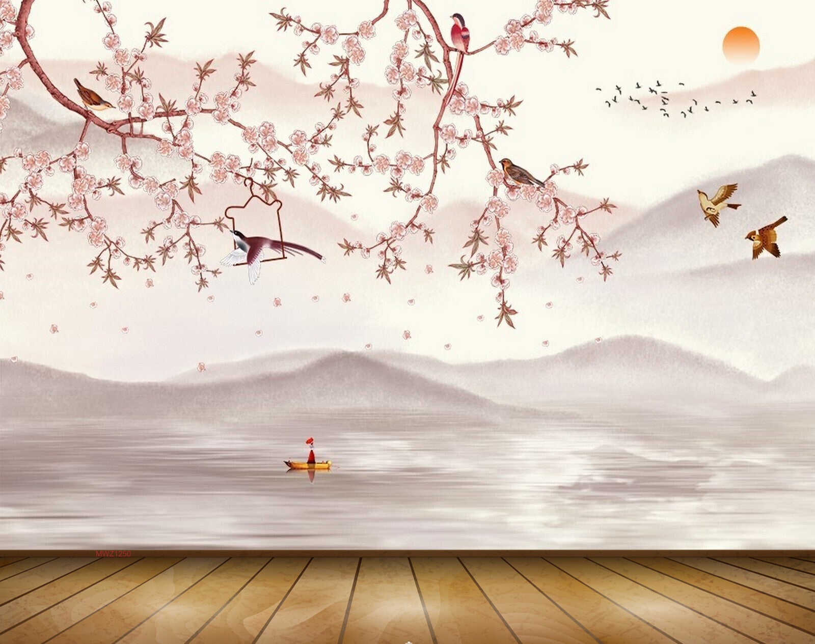 Avikalp MWZ1250 Pink White Flowers Birds Sun Boat 3D HD Wallpaper Avikalp MWZ1250 Pink White Flowers Birds Sun Boat 3D HD Wallpaper