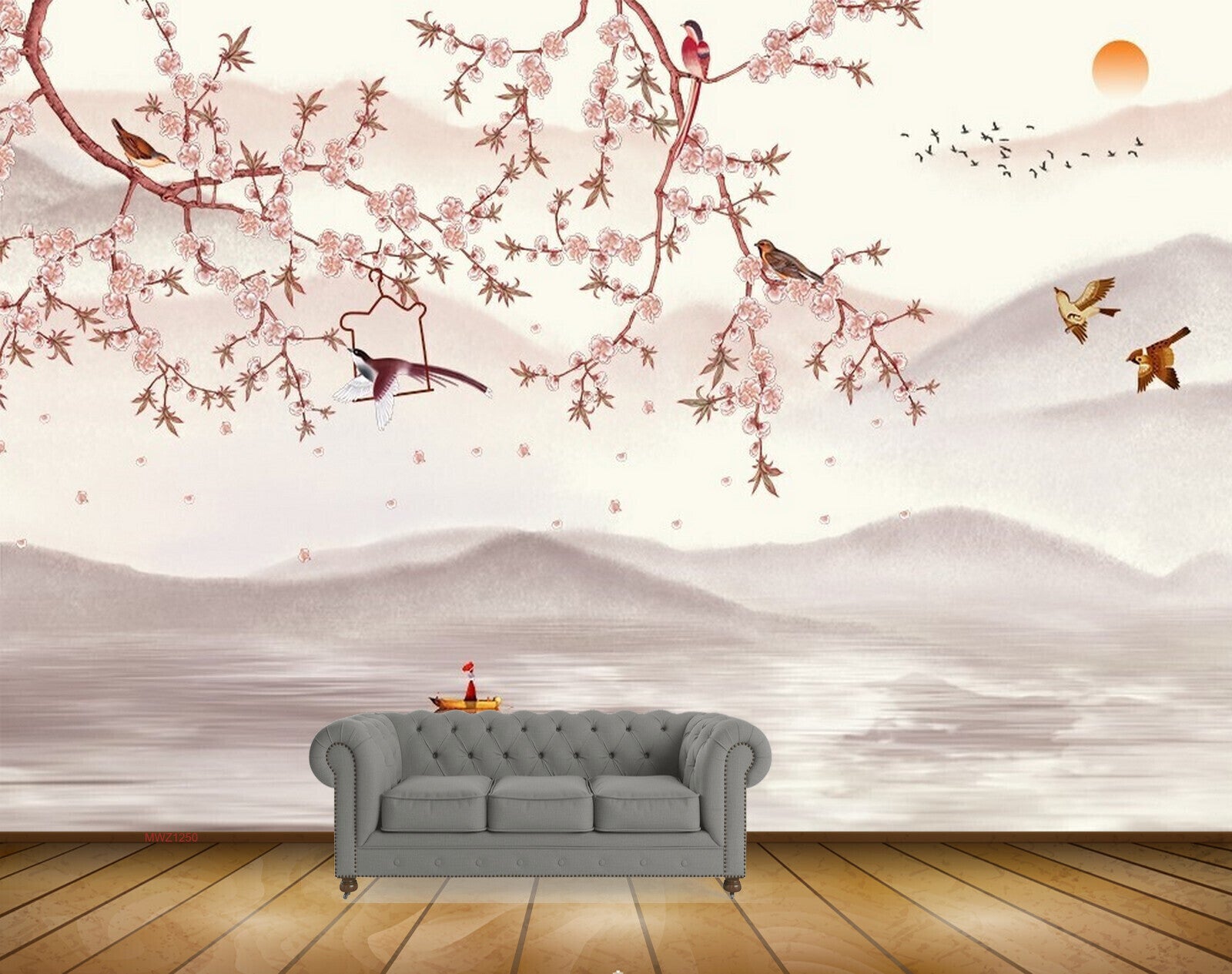 Avikalp MWZ1250 Pink White Flowers Birds Sun Boat 3D HD Wallpaper Avikalp MWZ1250 Pink White Flowers Birds Sun Boat 3D HD Wallpaper