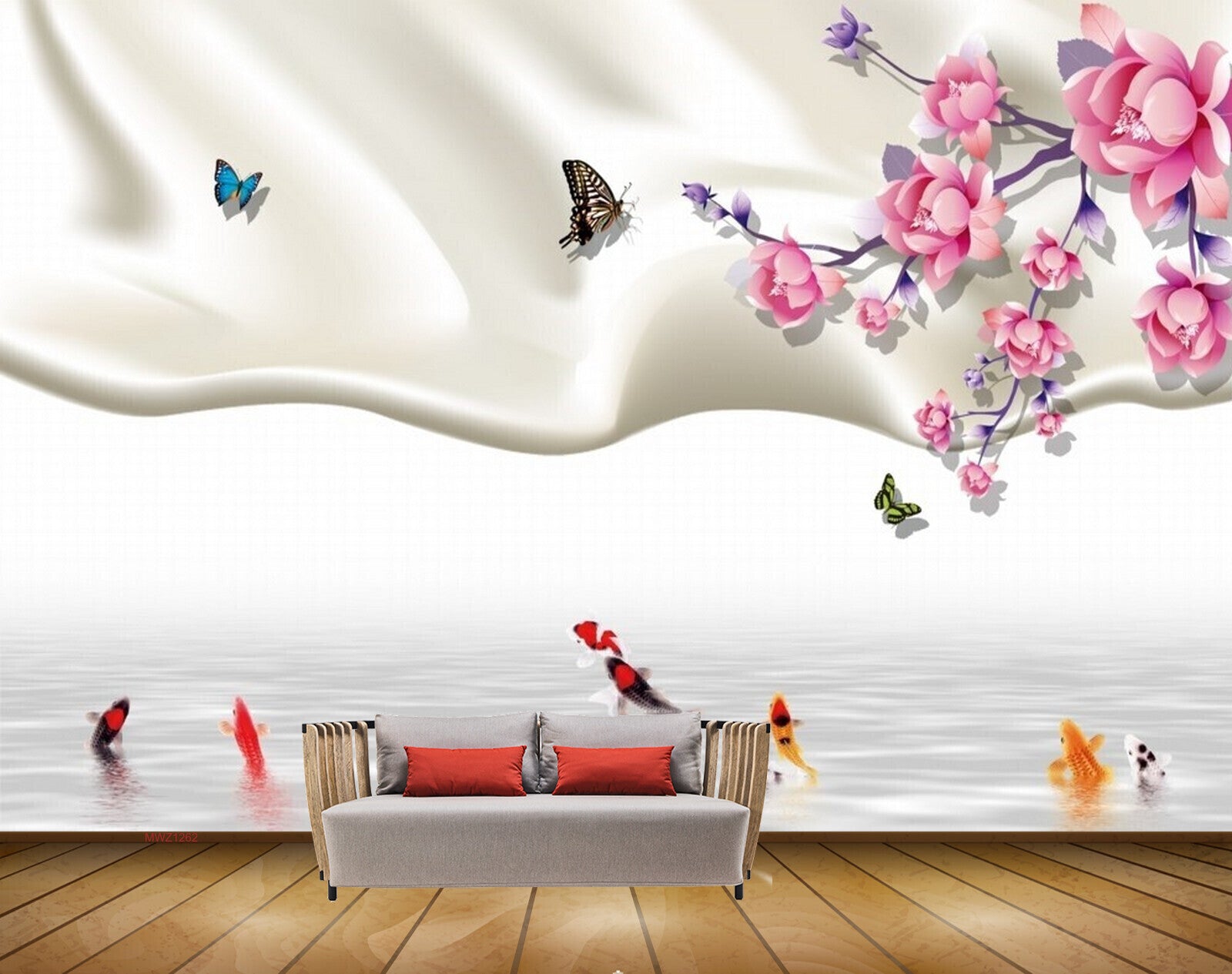 Avikalp MWZ1262 Pink White Flowers Butterflies Fishes 3D HD Wallpaper Avikalp MWZ1262 Pink White Flowers Butterflies Fishes 3D HD Wallpaper