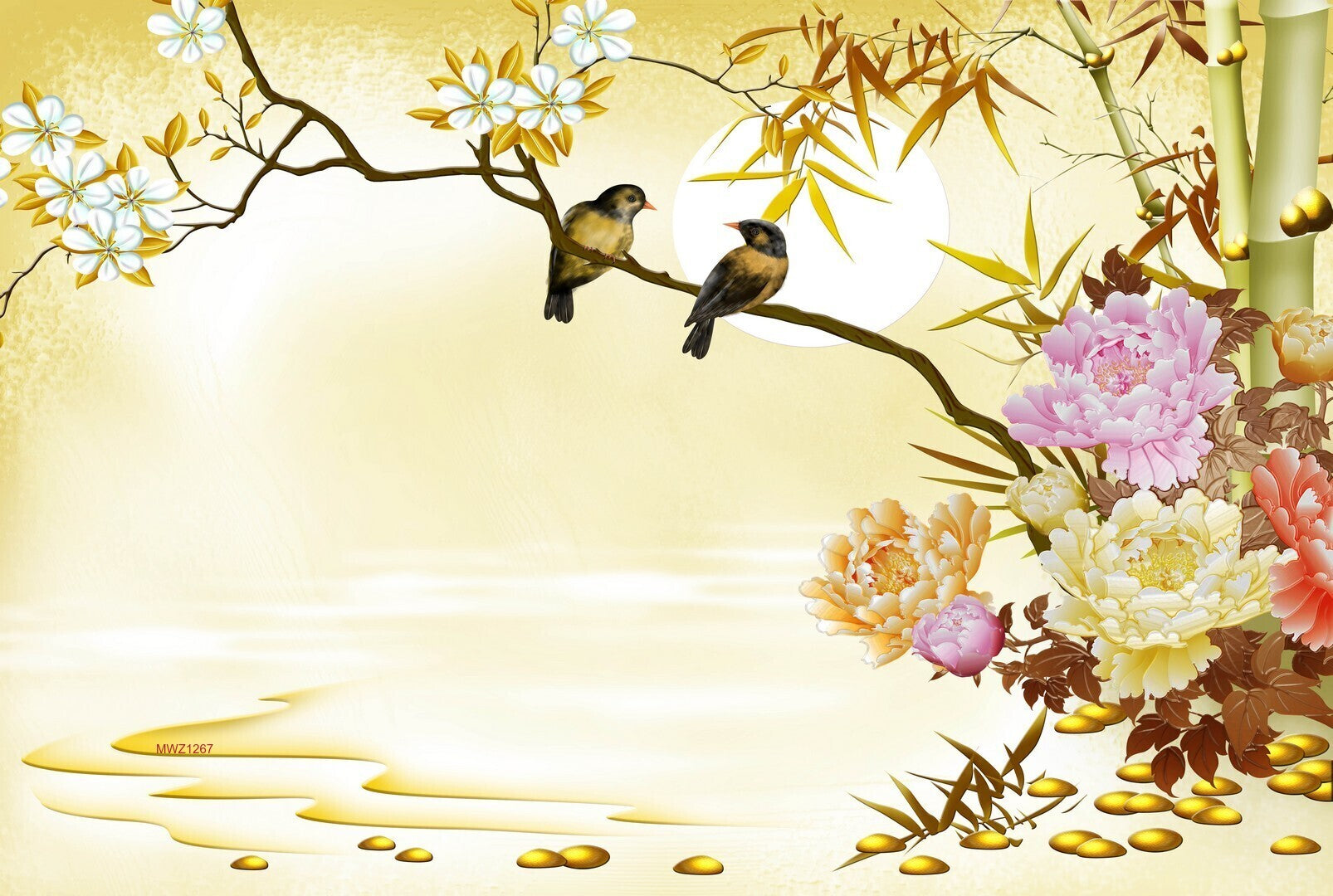 Avikalp MWZ1267 Yellow Purple Flowers Birds Stones 3D HD Wallpaper Avikalp MWZ1267 Yellow Purple Flowers Birds Stones 3D HD Wallpaper