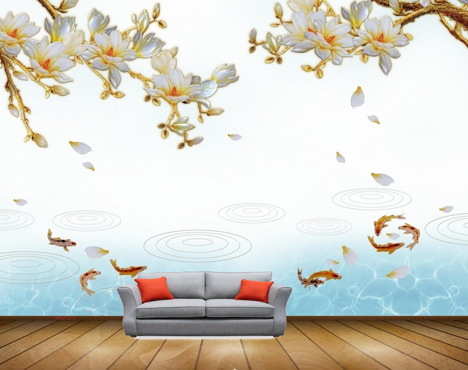 Avikalp MWZ1273 White Yellow Flowers Fishes 3D HD Wallpaper Avikalp MWZ1273 White Yellow Flowers Fishes 3D HD Wallpaper