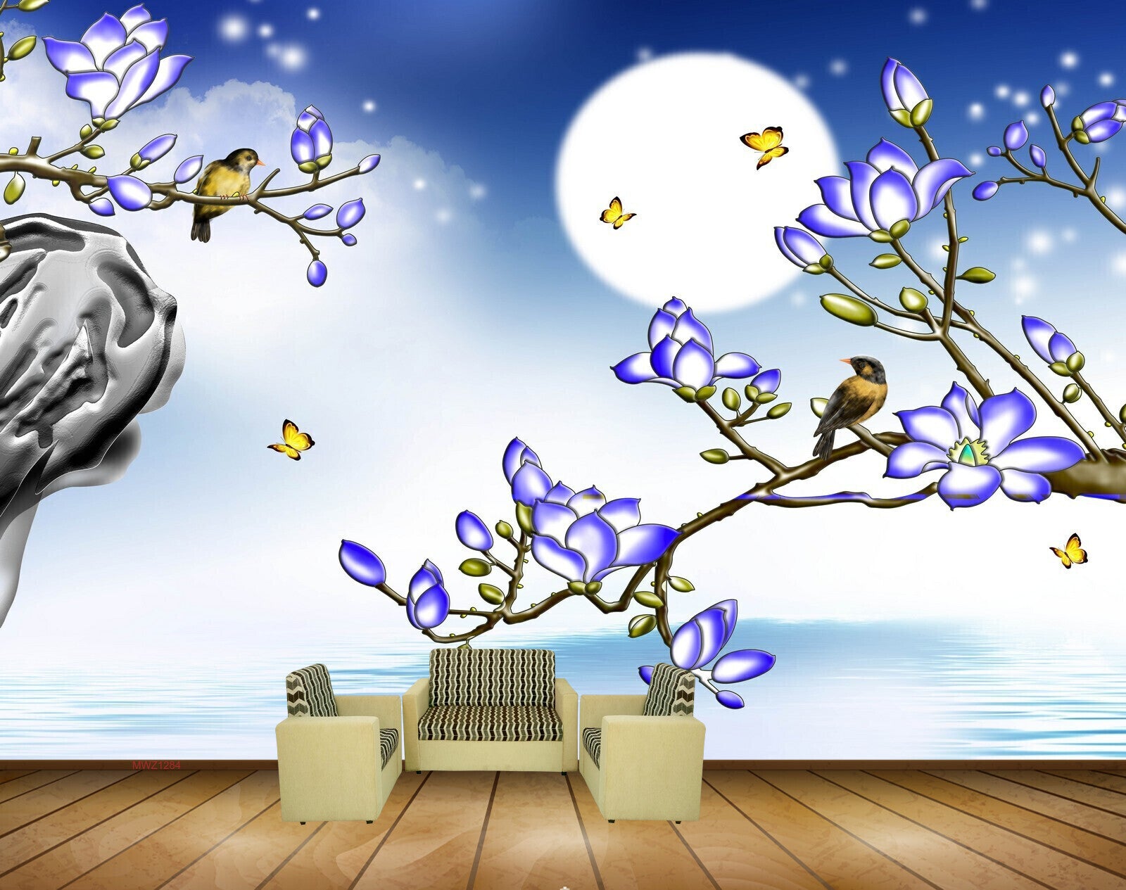 Avikalp MWZ1284 Blue Flowers Birds Butterflies Moon HD Wallpaper Avikalp MWZ1284 Blue Flowers Birds Butterflies Moon HD Wallpaper