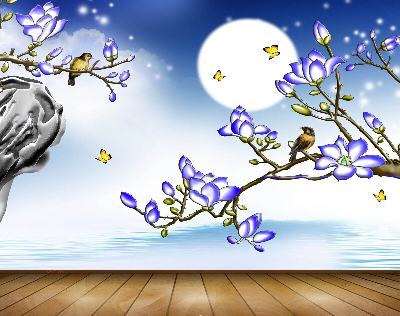 Avikalp MWZ1284 Blue Flowers Birds Butterflies Moon 3D HD Wallpaper Avikalp MWZ1284 Blue Flowers Birds Butterflies Moon 3D HD Wallpaper