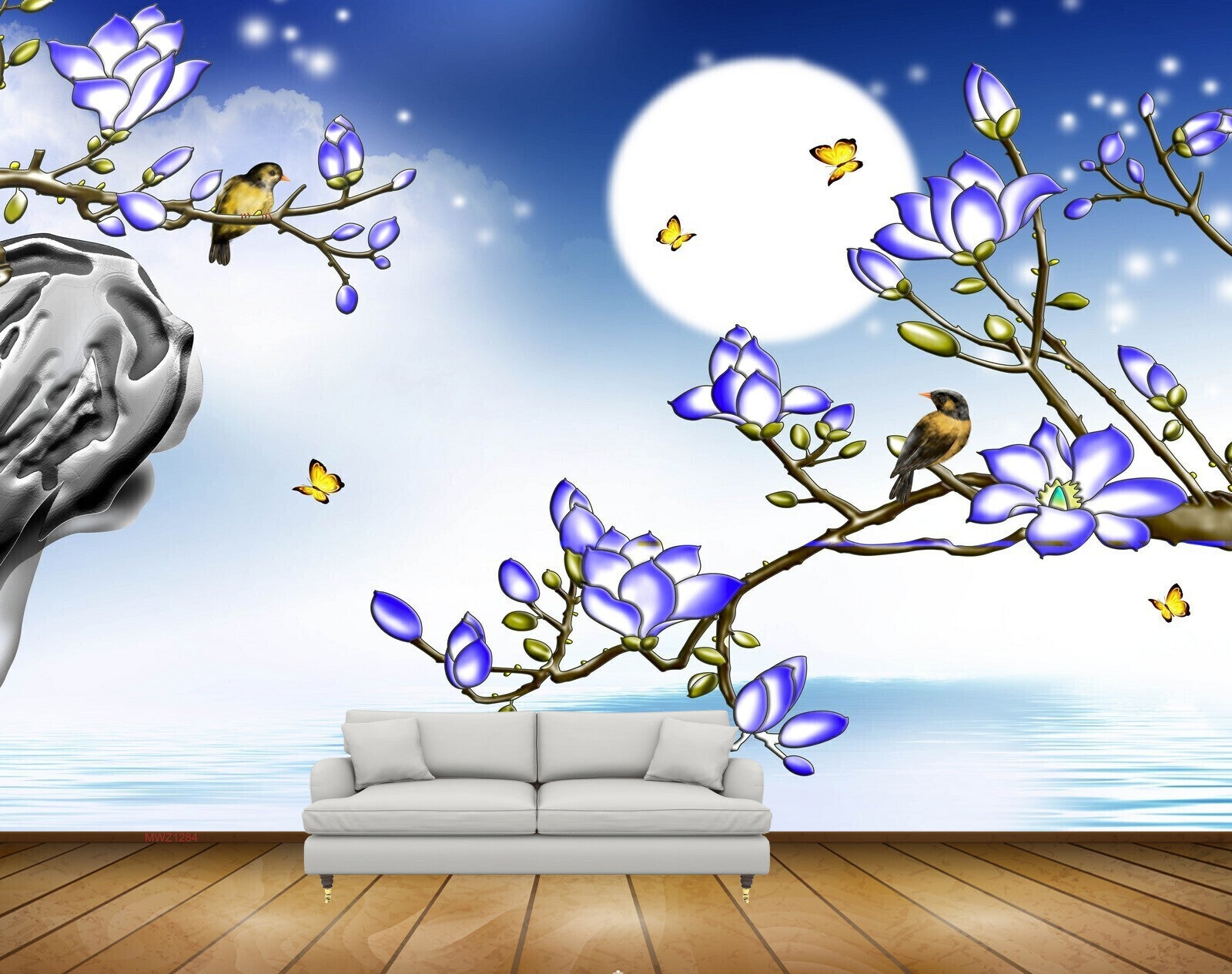 Avikalp MWZ1284 Blue Flowers Birds Butterflies Moon 3D HD Wallpaper Avikalp MWZ1284 Blue Flowers Birds Butterflies Moon 3D HD Wallpaper