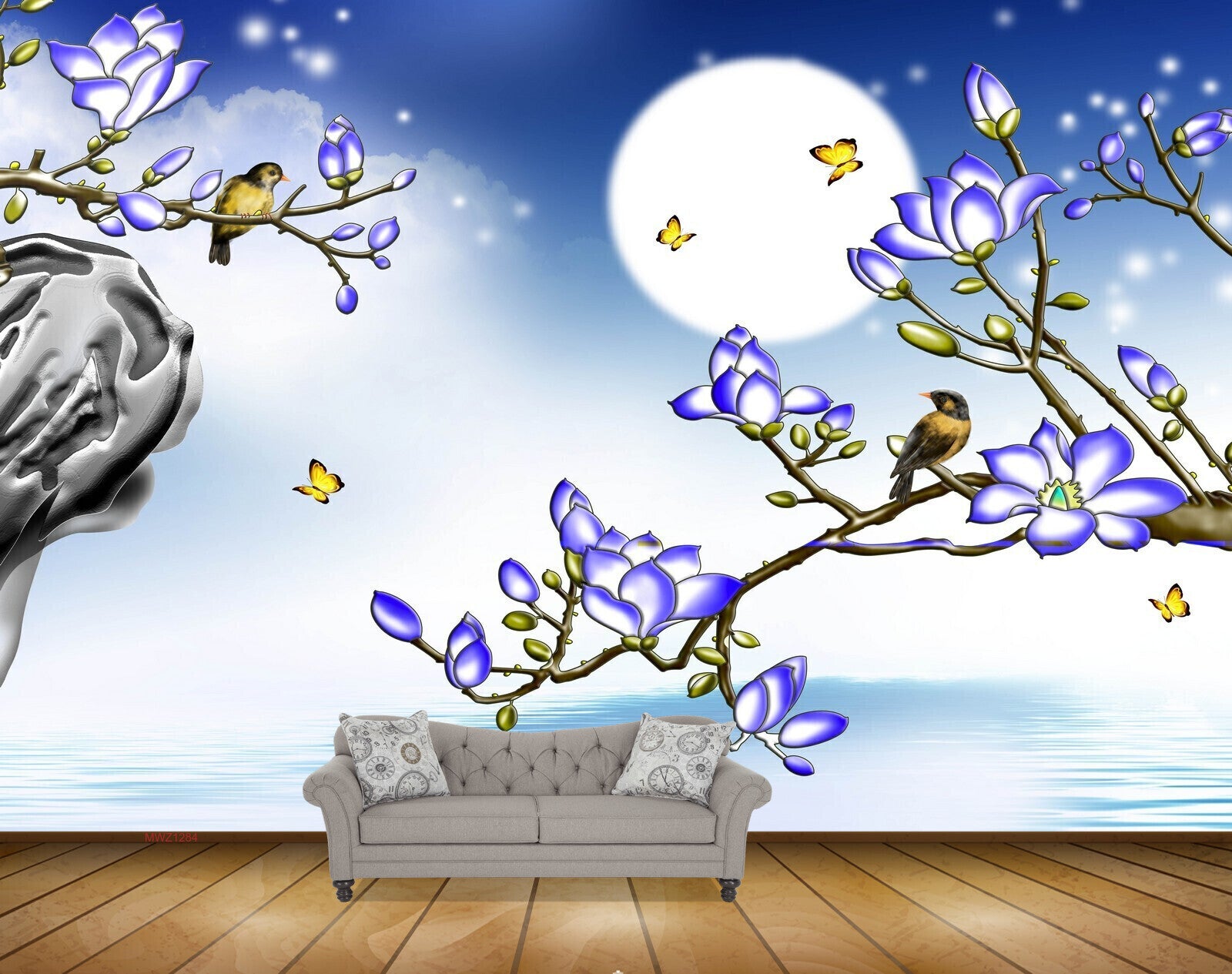 Avikalp MWZ1284 Blue Flowers Birds Butterflies Moon 3D HD Wallpaper Avikalp MWZ1284 Blue Flowers Birds Butterflies Moon 3D HD Wallpaper
