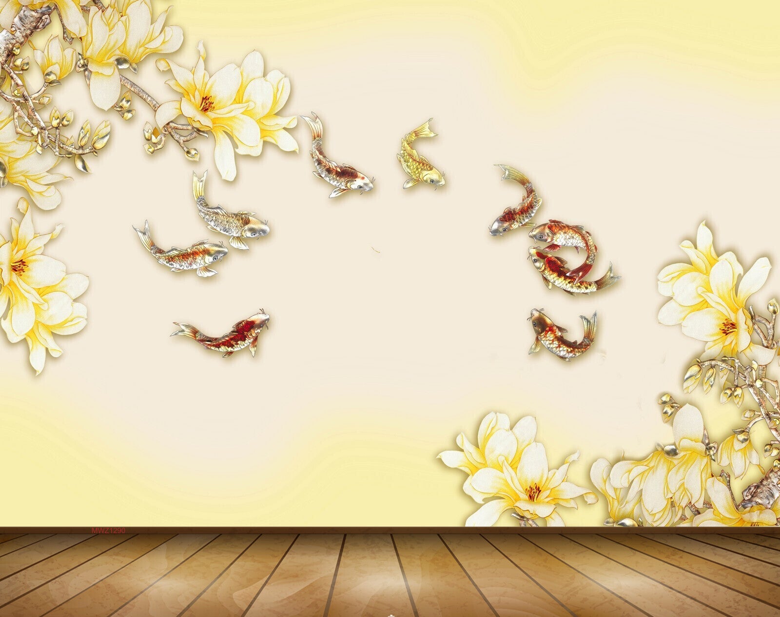 Avikalp MWZ1290 Yellow White Flowers Fishes 3D HD Wallpaper Avikalp MWZ1290 Yellow White Flowers Fishes 3D HD Wallpaper