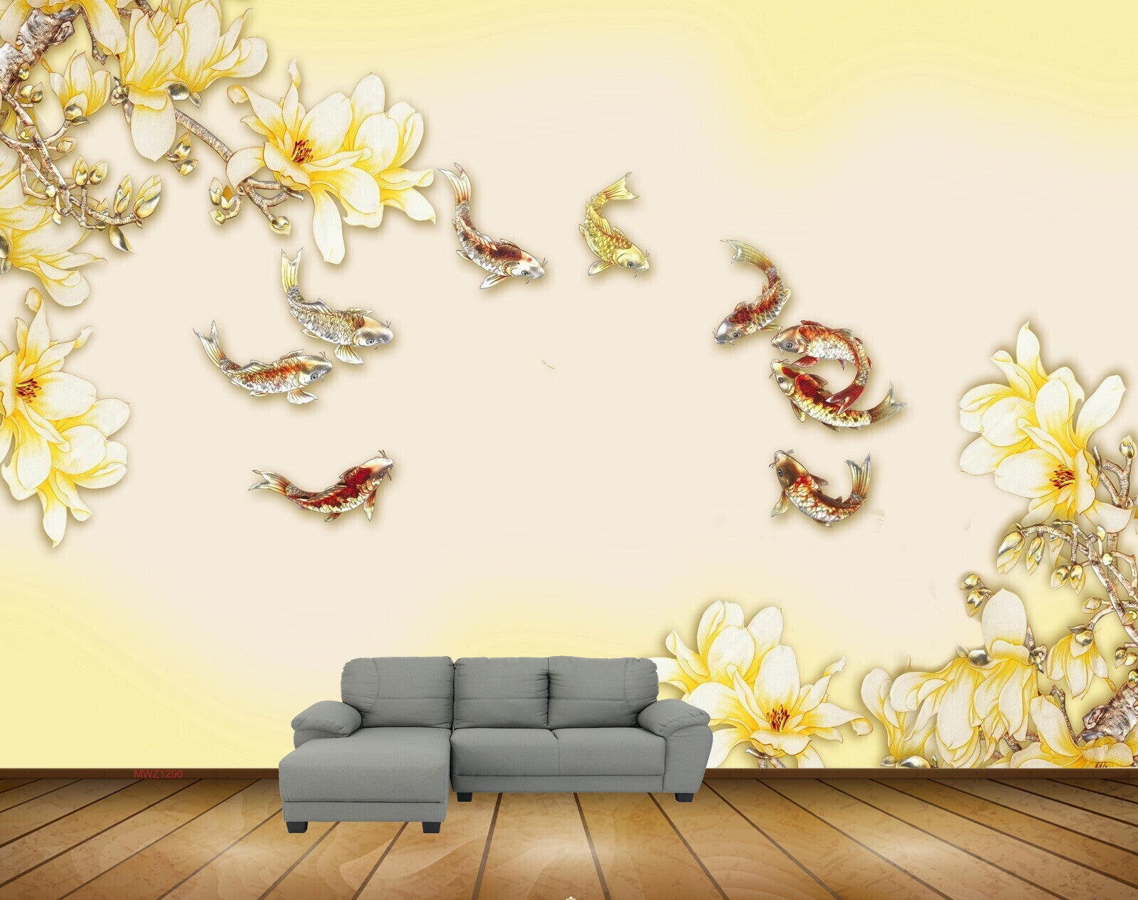 Avikalp MWZ1290 Yellow White Flowers Fishes 3D HD Wallpaper Avikalp MWZ1290 Yellow White Flowers Fishes 3D HD Wallpaper
