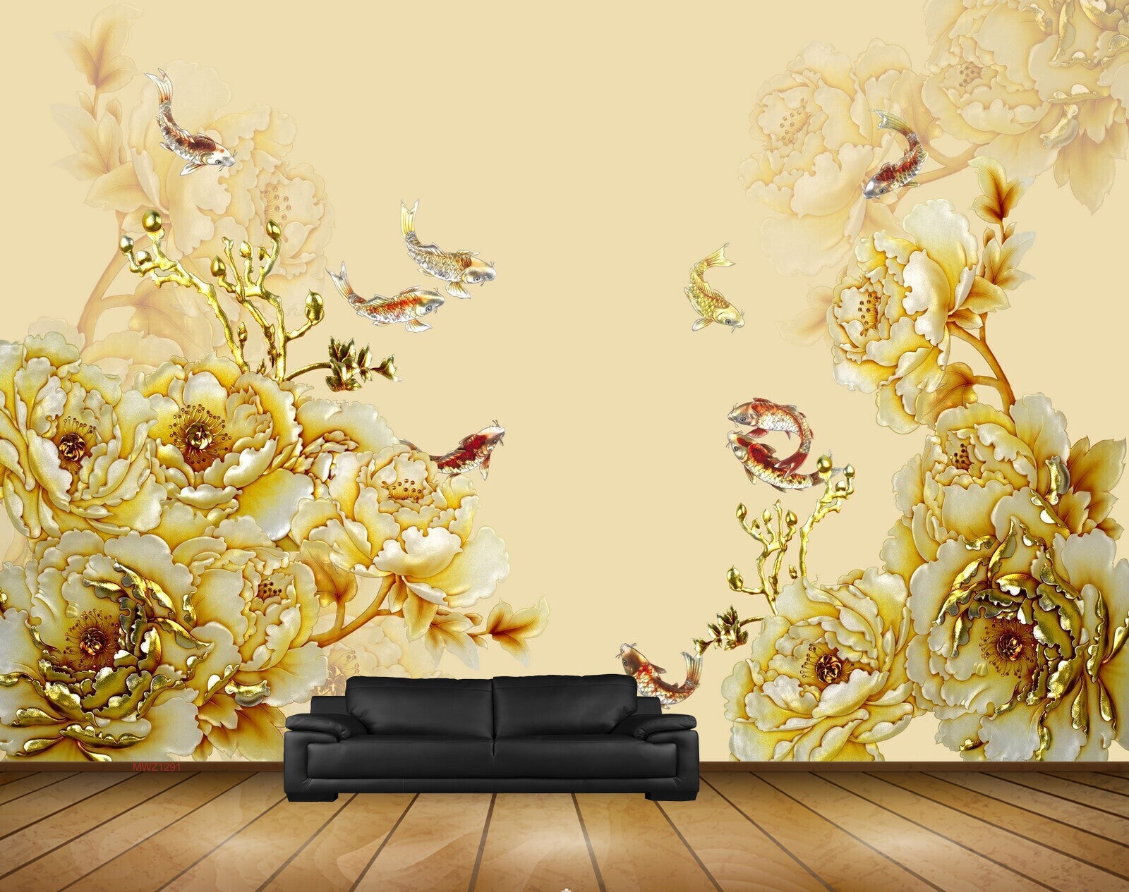 Avikalp MWZ1291 White golden Flowers Fishes HD Wallpaper Avikalp MWZ1291 White golden Flowers Fishes HD Wallpaper