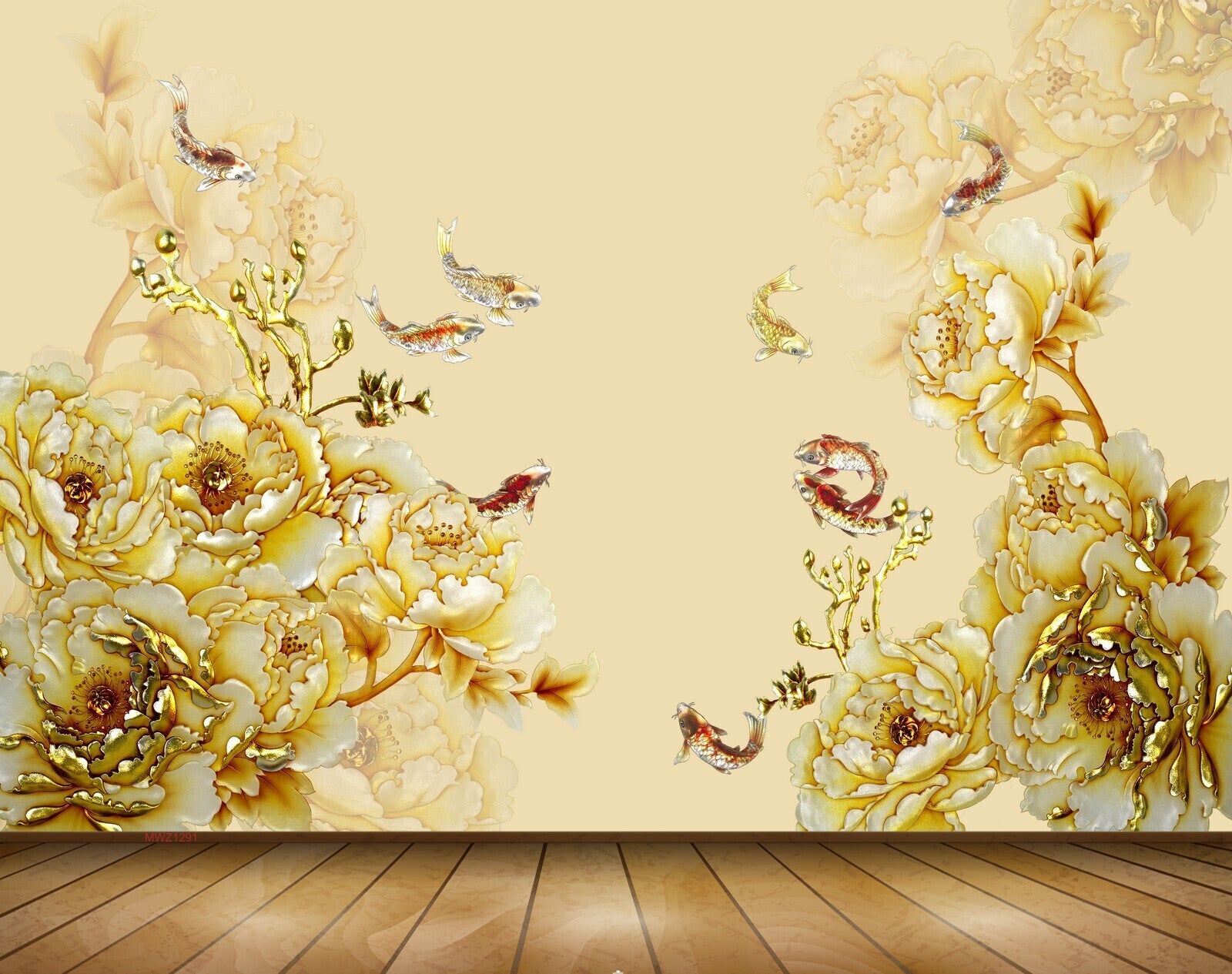 Avikalp MWZ1291 White golden Flowers Fishes 3D HD Wallpaper Avikalp MWZ1291 White golden Flowers Fishes 3D HD Wallpaper