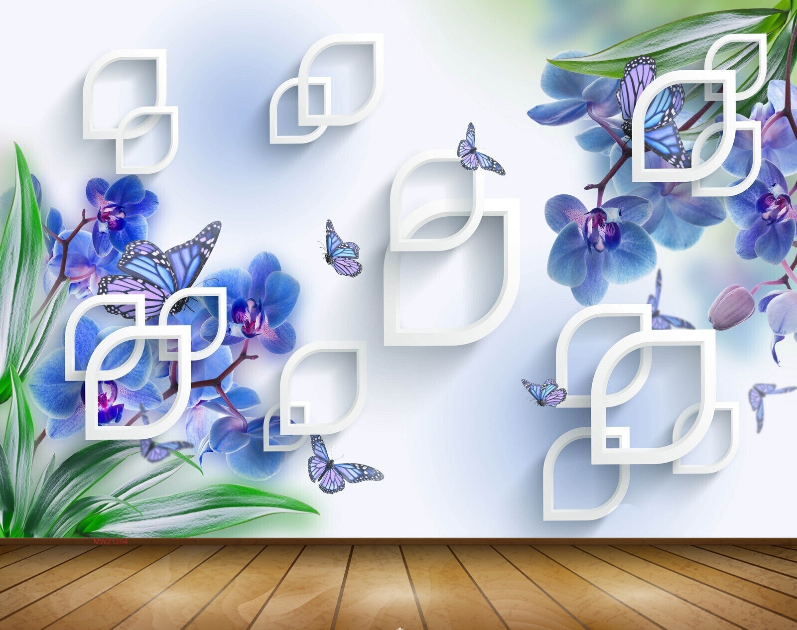Avikalp MWZ1294 Blue Flowers Leaves Butterflies 3D HD Wallpaper Avikalp MWZ1294 Blue Flowers Leaves Butterflies 3D HD Wallpaper