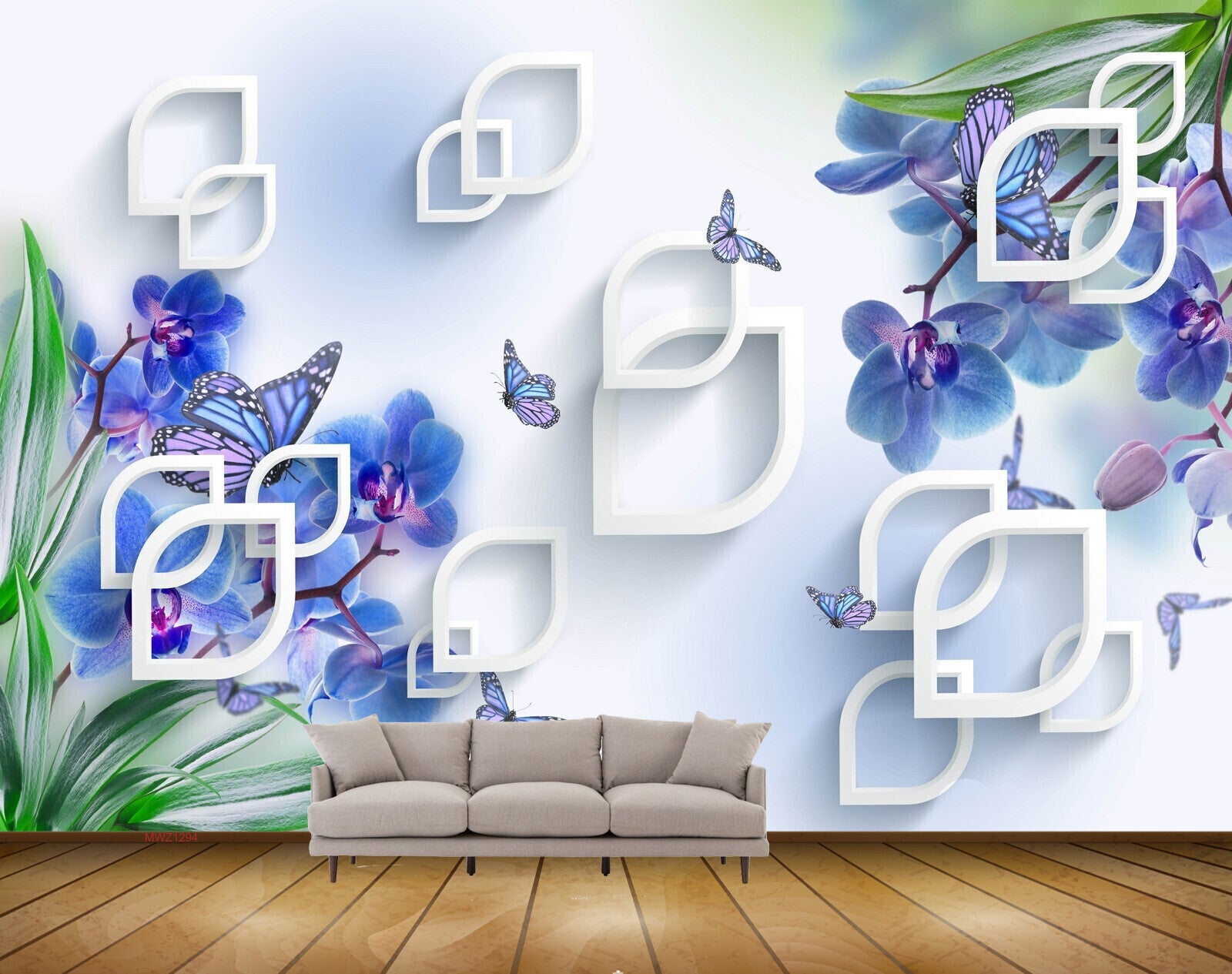 Avikalp MWZ1294 Blue Flowers Leaves Butterflies 3D HD Wallpaper Avikalp MWZ1294 Blue Flowers Leaves Butterflies 3D HD Wallpaper