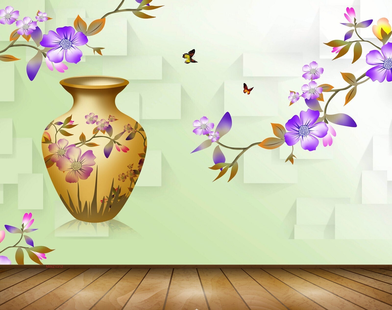 Avikalp MWZ1312 Pot Purple Flowers Butterflies 3D HD Wallpaper Avikalp MWZ1312 Pot Purple Flowers Butterflies 3D HD Wallpaper