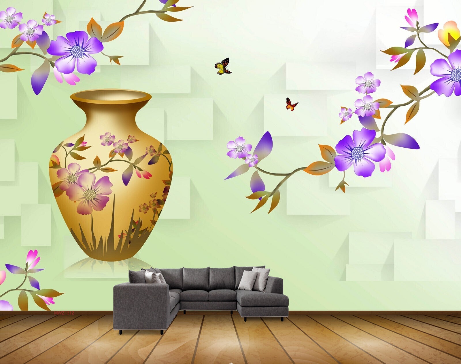 Avikalp MWZ1312 Pot Purple Flowers Butterflies 3D HD Wallpaper Avikalp MWZ1312 Pot Purple Flowers Butterflies 3D HD Wallpaper