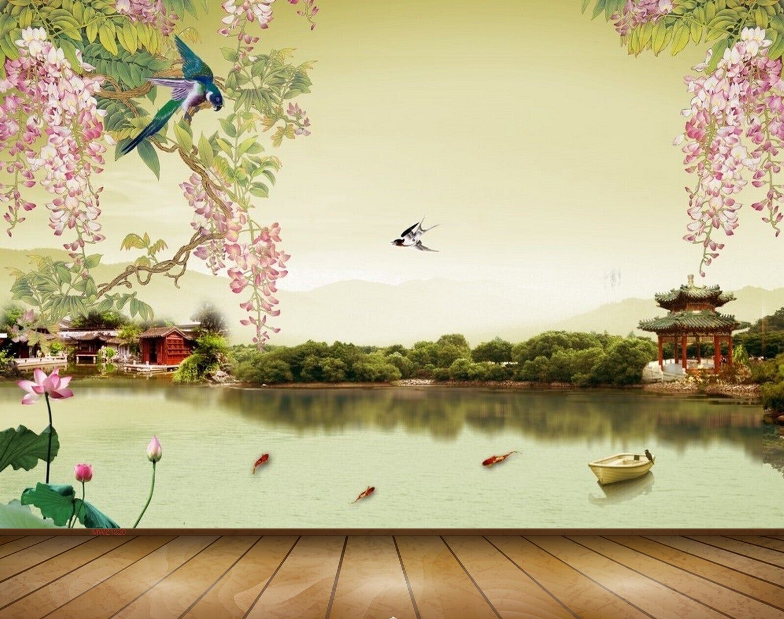 Avikalp MWZ1320 Pink Flowers Birds Lotus House Fishes Boat 3D HD Wallpaper Avikalp MWZ1320 Pink Flowers Birds Lotus House Fishes Boat 3D HD Wallpaper