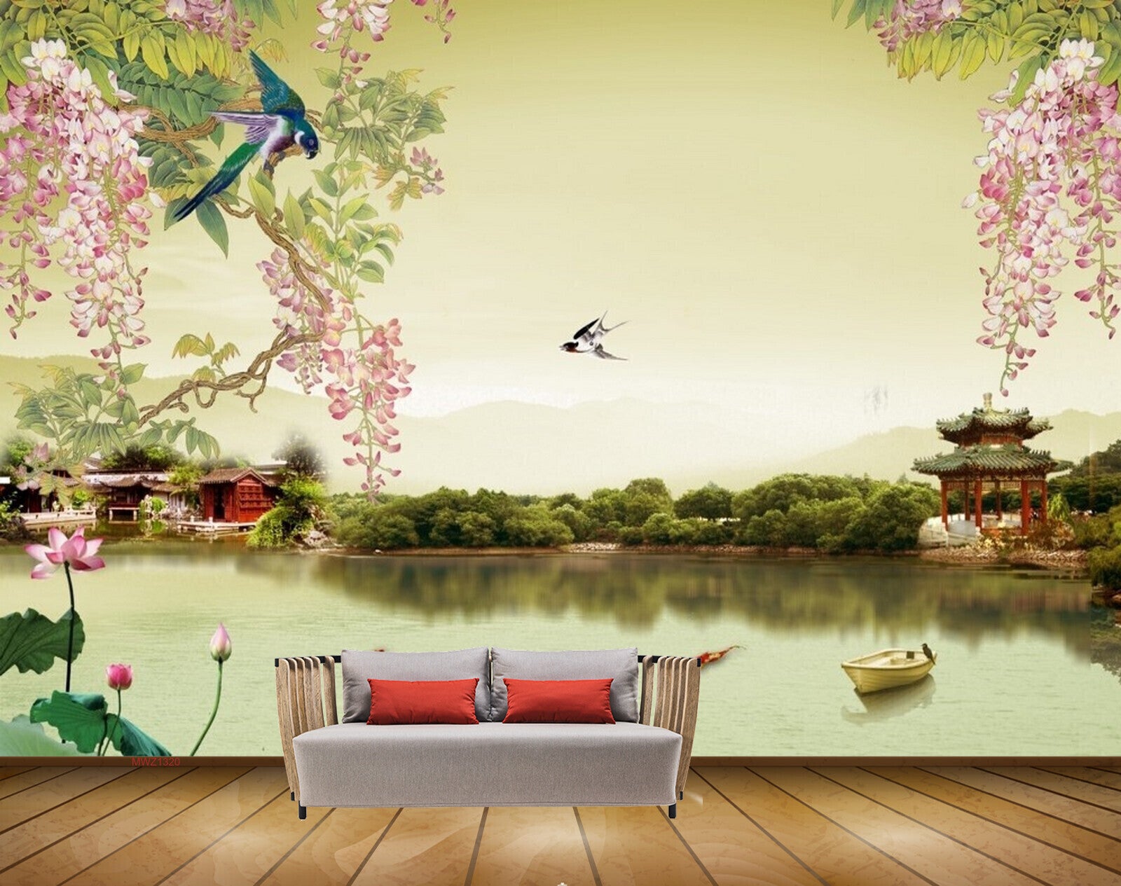 Avikalp MWZ1320 Pink Flowers Birds Lotus House Fishes Boat 3D HD Wallpaper Avikalp MWZ1320 Pink Flowers Birds Lotus House Fishes Boat 3D HD Wallpaper