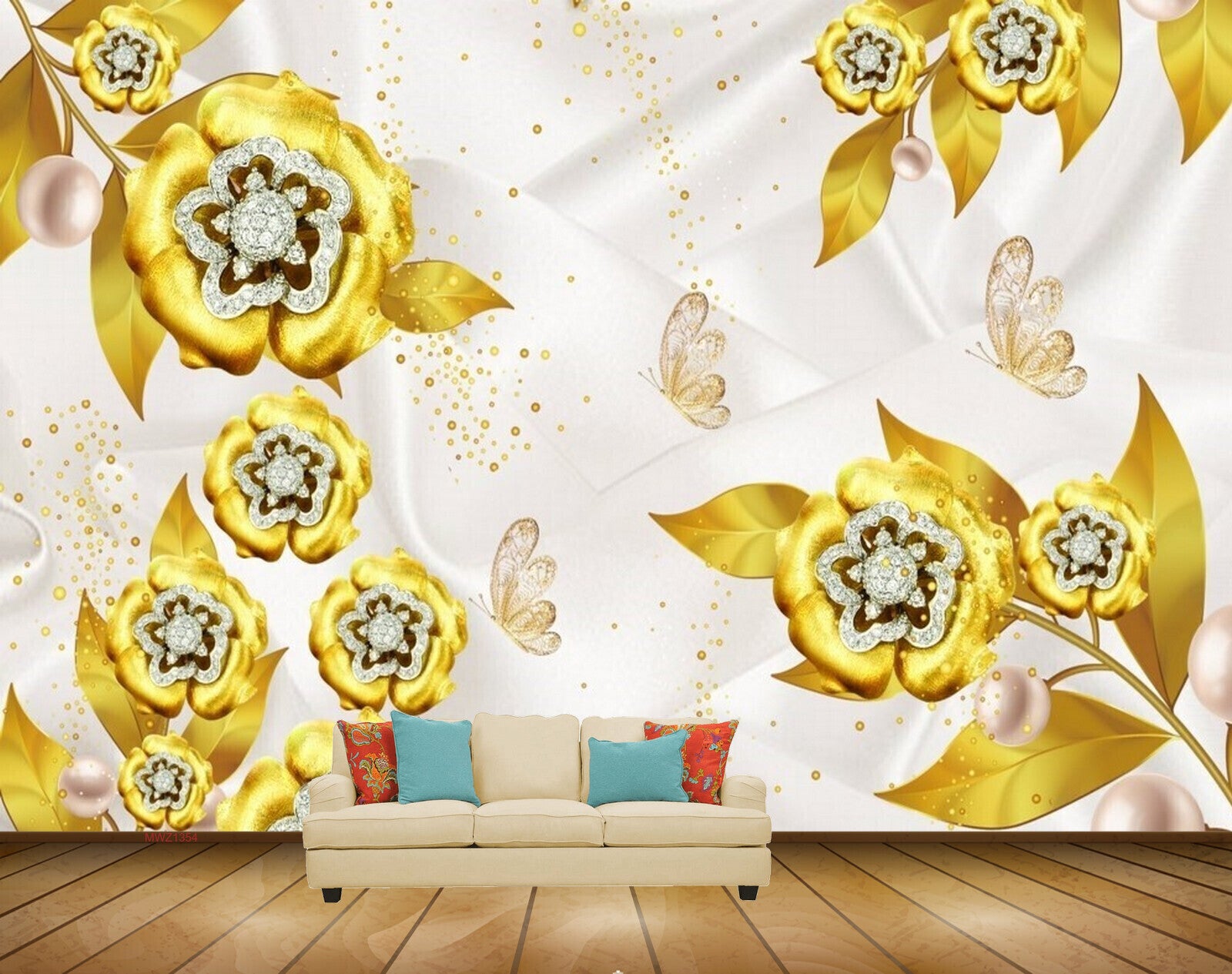 Avikalp MWZ1354 Golden Flowers Butterflies 3D HD Wallpaper Avikalp MWZ1354 Golden Flowers Butterflies 3D HD Wallpaper
