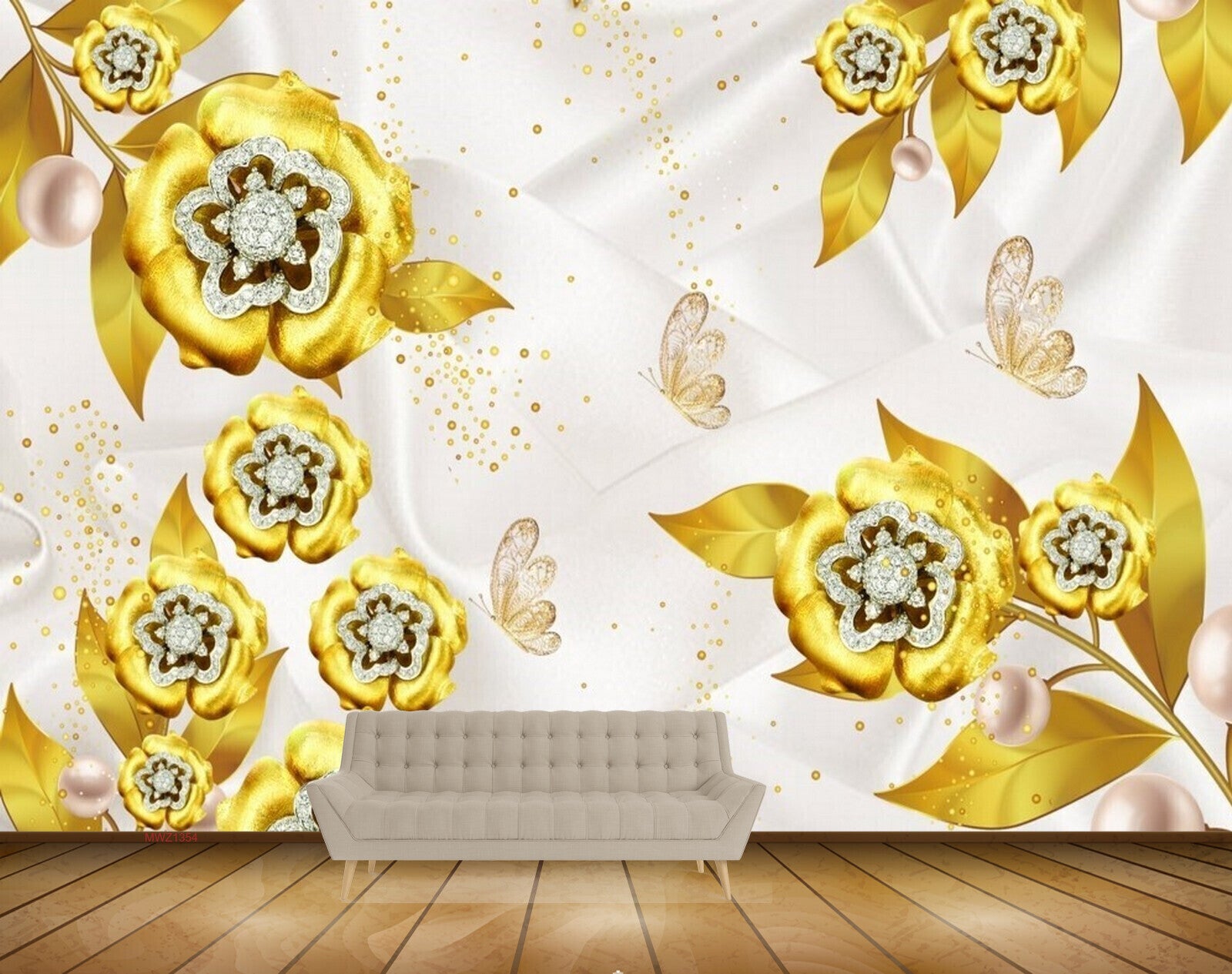 Avikalp MWZ1354 Golden Flowers Butterflies 3D HD Wallpaper Avikalp MWZ1354 Golden Flowers Butterflies 3D HD Wallpaper