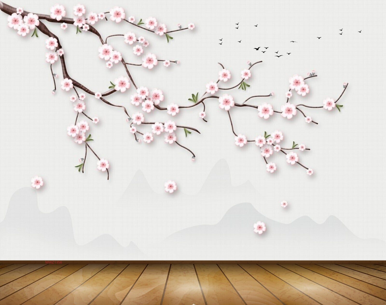 Avikalp MWZ1356 White Pink Flowers Branches Birds 3D HD Wallpaper Avikalp MWZ1356 White Pink Flowers Branches Birds 3D HD Wallpaper