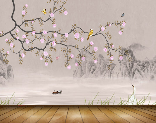 Avikalp MWZ1370 Pink Flowers Branches Birds Crane Boat Butterflies 3D HD Wallpaper