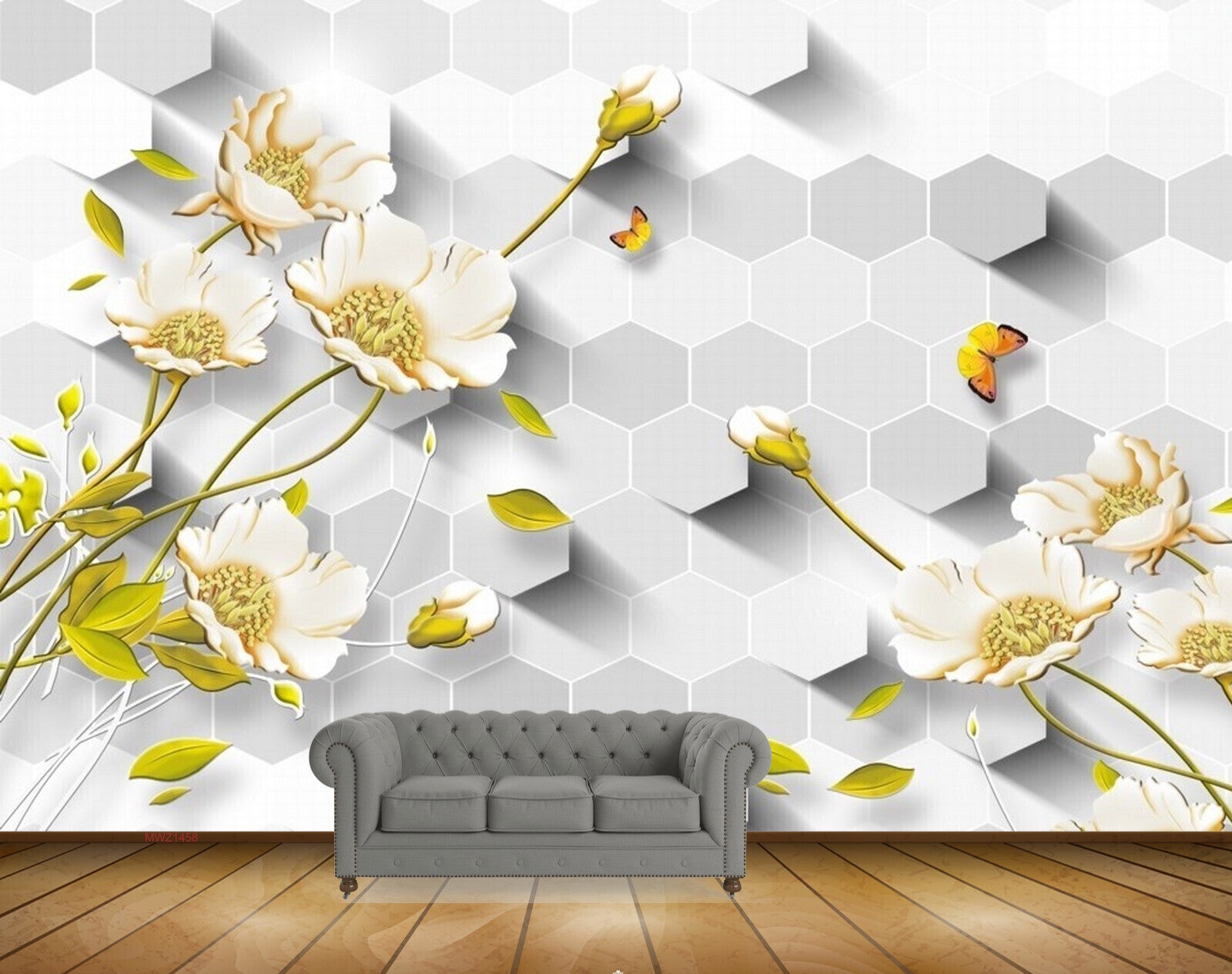 Avikalp MWZ1458 White Green Flowers Butterflies 3D HD Wallpaper Avikalp MWZ1458 White Green Flowers Butterflies 3D HD Wallpaper